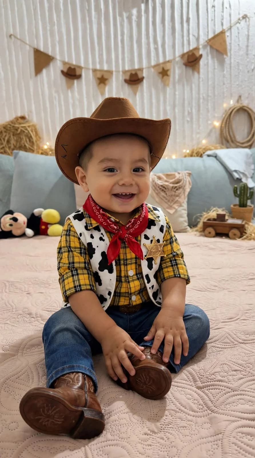 Fiacro Heriberto sentado, con su sombrero y botas de vaquero.
